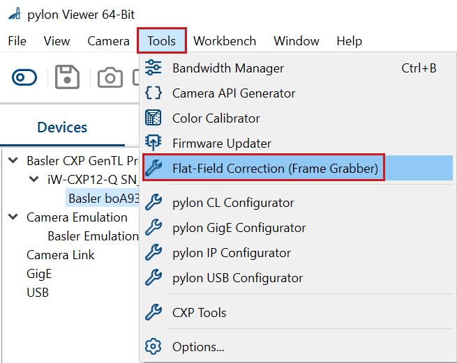 pylon Viewer: Starting the Flat-Field Correction plugin