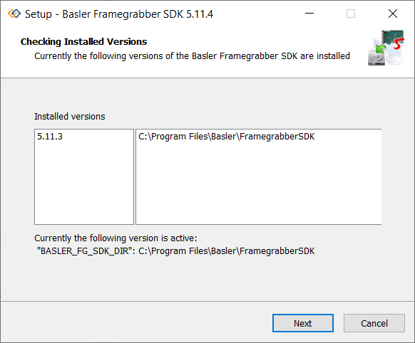 설치 프로그램: 컴퓨터에 설치된 Framegrabber SDK
