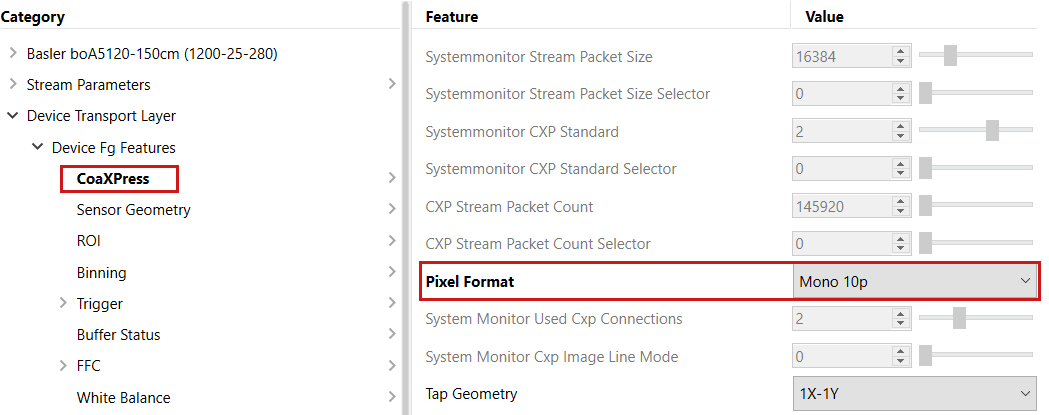 pylon Viewer: 입력 프레임 그래버 Pixel Format 설정 pylon Viewer: 입력 프레임 그래버 Pixel Format 설정