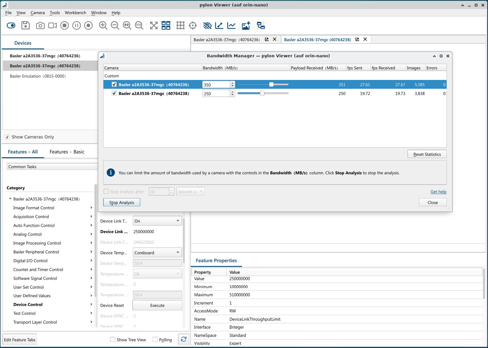 2대의 ace 2 GMSL 카메라가 연결된 Bandwidth Manager