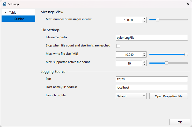 pylon Event Logger Settings 메뉴