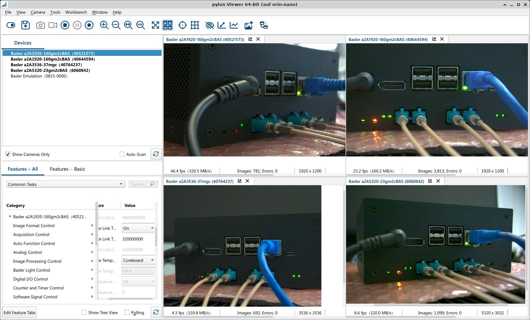 4대의 ace 2 GMSL 카메라가 연결된 pylon Viewer
