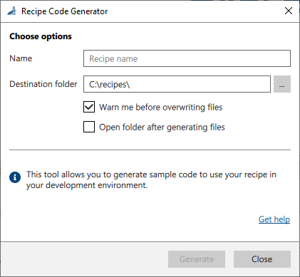 Recipe Code Generator 창