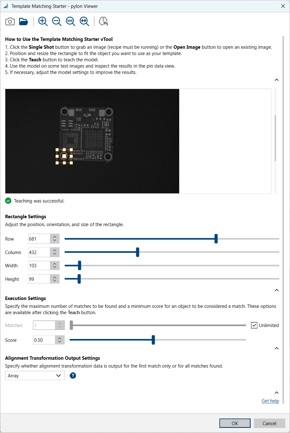 Template Matching Starter vTool Settings
