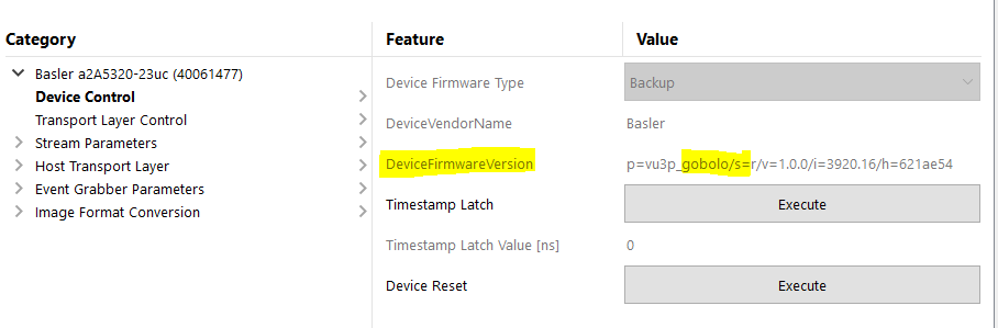 DeviceFirmwareVersion 파라미터 값